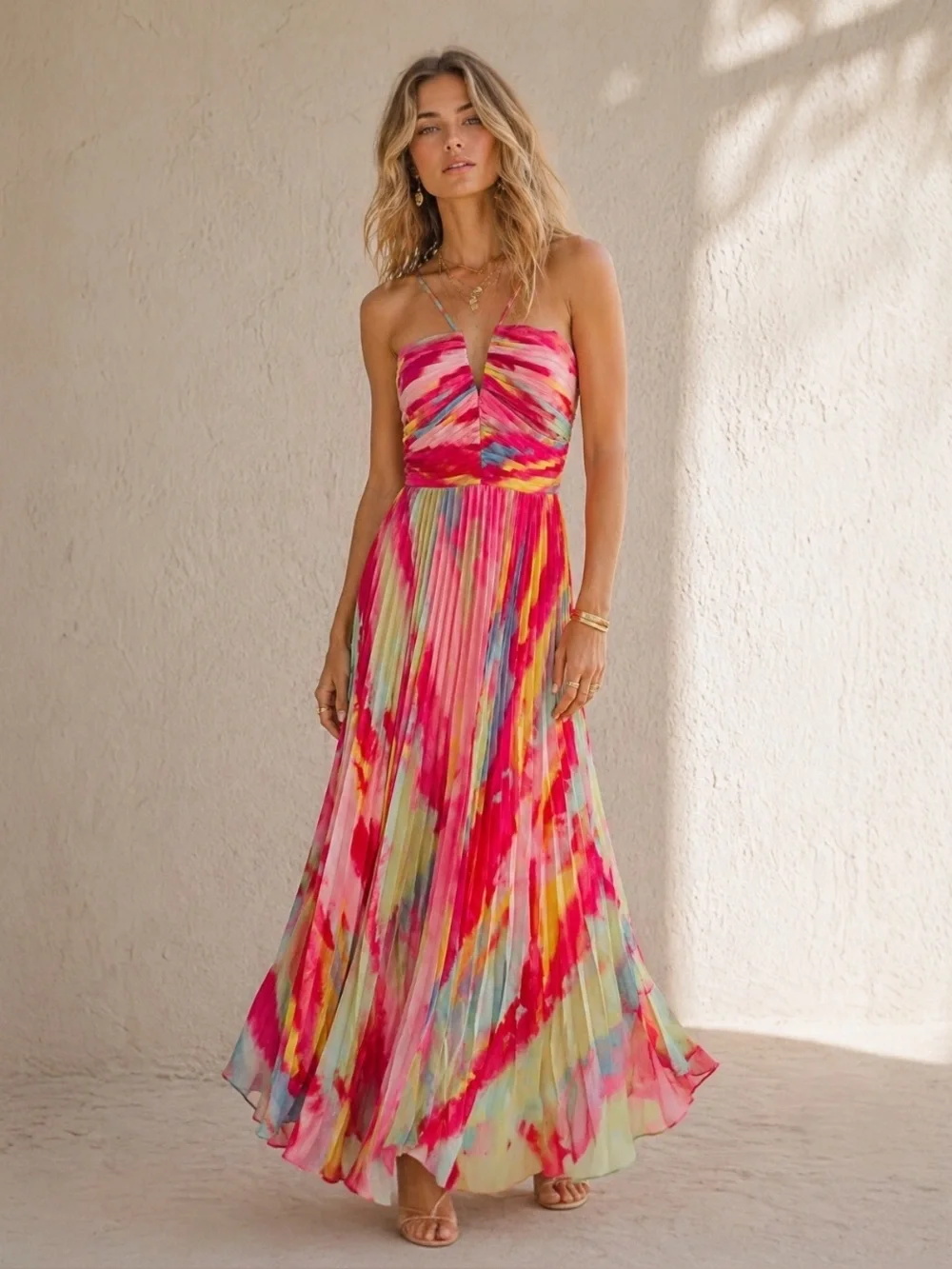 $259 Xscape Multi Tie Dye Print Pleated Halter Maxi Dress Size 8 - Picture 1 of 7